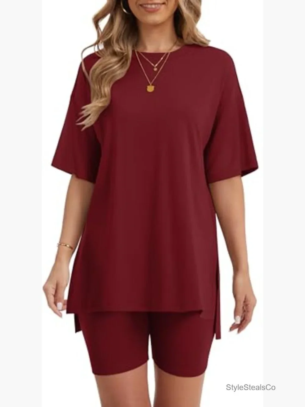2 Piece Lounge Set Oversized Shirt Biker Shorts Matching Outfit